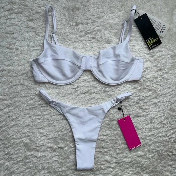 NWT OneOne Swimwear White Bikini SET Ribbed Lupita Alli NEW Ivory Bra Top Bottom - Picture 5 of 9